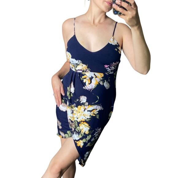 Windsor S Dark Navy Blue Floral Asymmetrical Vneck Faux Wrap Mini Dress - Picture 1 of 6